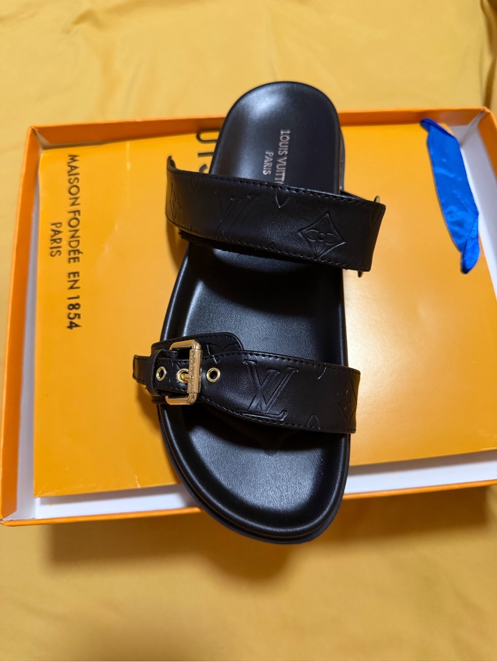 Louis Vuitton Black Leather Two-Strap Slide with Gold Buckle - Picture 2 of 4
